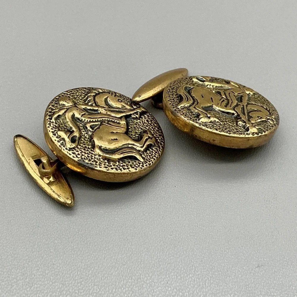 Vintage Horse Rider Equestrian Round Gold Tone Cufflinks Western Cowboy Rodeo